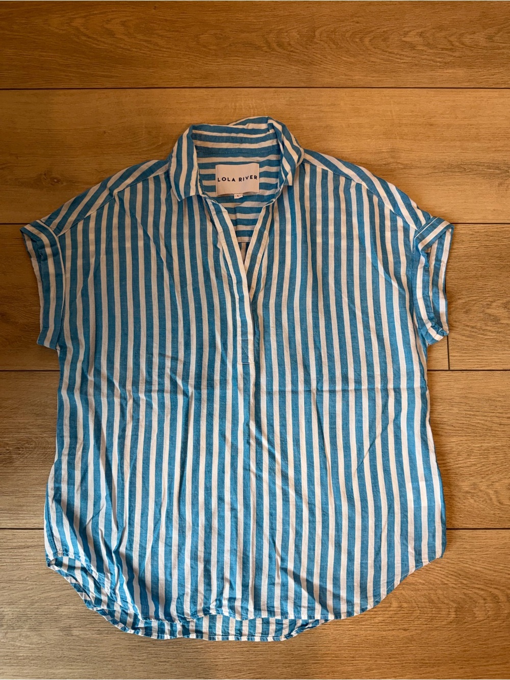 Blue & White Striped Short Sleeve Linen Shirt